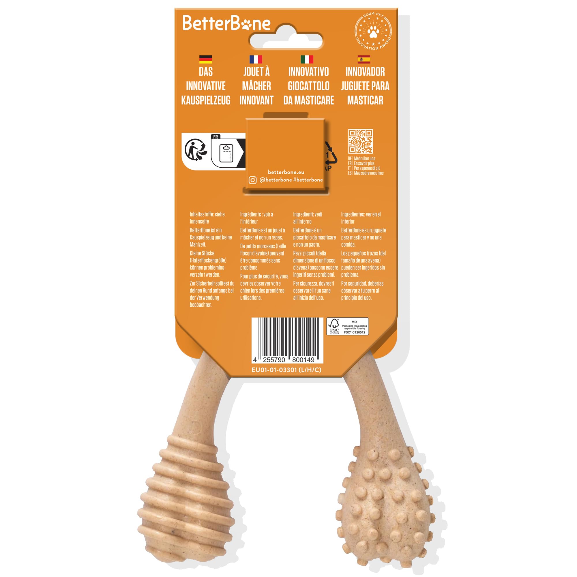 BetterBone - Giocattolo per cani da masticare – Large Hard Classic – Veggie Ossa da masticare per cani senza nylon e OGM a base di cellulosa – Giocattolo da masticare extra duro – gusto neutro – Senza