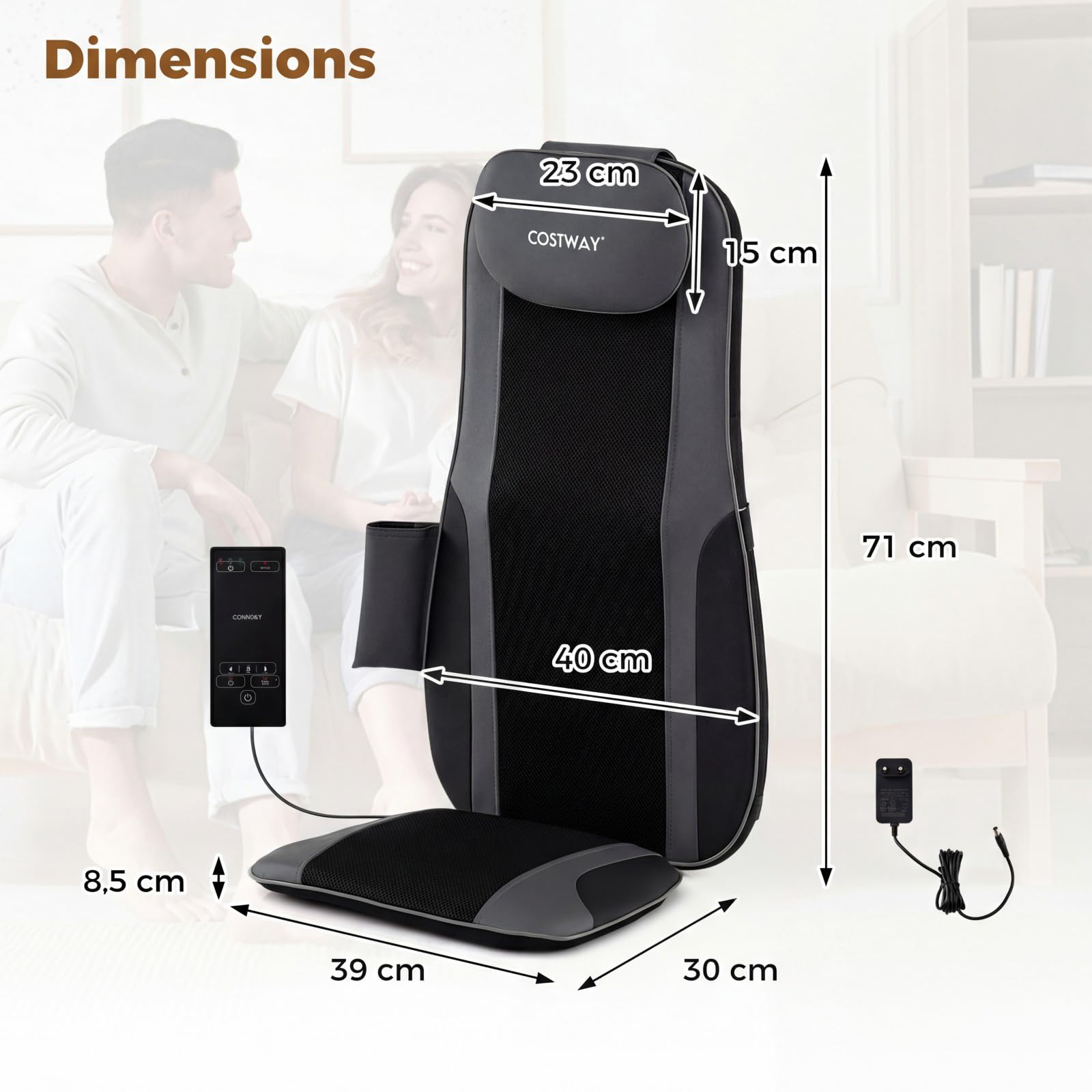 COSTWAY Coussin de Massage Shiatsu avec Chauffage, Masseur de Dos pour Chaise avec 4 Nœuds de Pétrissage 2 Moteurs Vibrants pour Soulagement des Douleurs Musculaires, Masseur 3D Cou et Dos