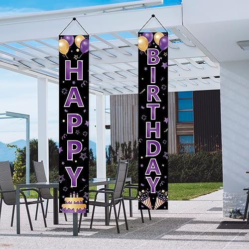 Miniatura 6 de Cartel de feliz cumpleaños dorado morado para puerta de cumpleaños para mujeres y niñas letrero de porche de feliz cumpleaños suministros de fiesta