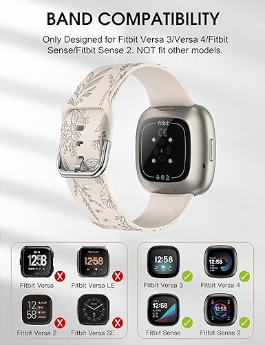 Miniatura 3 de Minyee Paquete de 3 correas grabadas florales compatibles con Fitbit Versa 4Versa 3Sense 2Sense Band para mujer, lindo diseño de flores de diente de