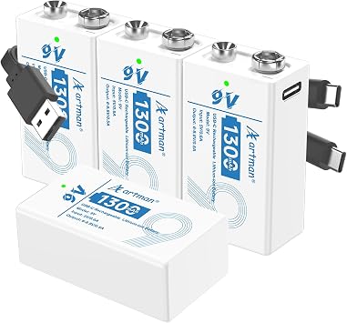 Artman Rechargeable 9V Batteries 4 Pack,1300mAh 9 Volt Rechargeable Battery