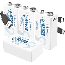 Artman Rechargeable 9V Batteries 4 Pack,1300mAh 9 Volt Rechargeable Battery