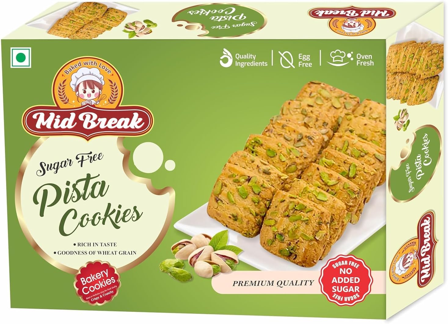 Midbreak No Added Sugar Pista Delight Biscuits - 300gm (Pack Of 2) | Cookies Infused With Rich Pistachios | Low GI, Gut-Friendly And High in Fiber - Your Healthier Snacking Choice! - Pack Of 1