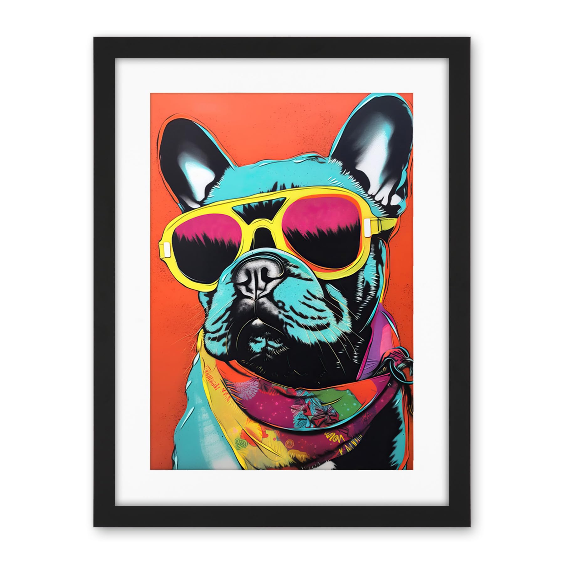 Artery8 French Bulldog Wearing Sunglasses and Bandana Artwork Framed Wall Art Print 18X24 Inch