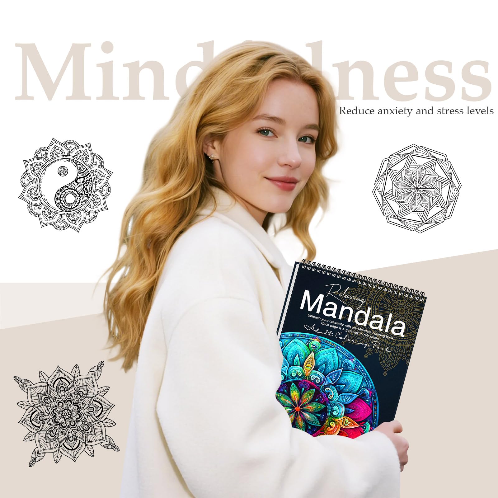 Mandala-Malbuch für Erwachsene und Frauen, Entspannung, Erwachsenen-Malbuch für Frauen, Entspannung mit 50 Mustern, fester Einband, dickes Papier, Spiralbindung, handgezeichnetes Design, Geschenk zum