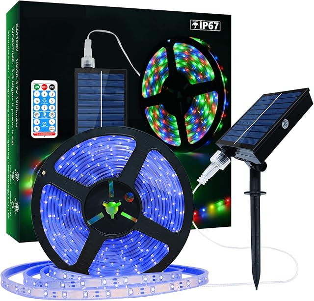 Solar LED Strip Lights Outdoor, 16.4ft/5m 280 LEDs, Solar Powered Blue Light LED Strip with 8 Lighting Modes IP67 Waterproof 2835 SMD Rope Lights for Garden Trees Christmas Party Decor