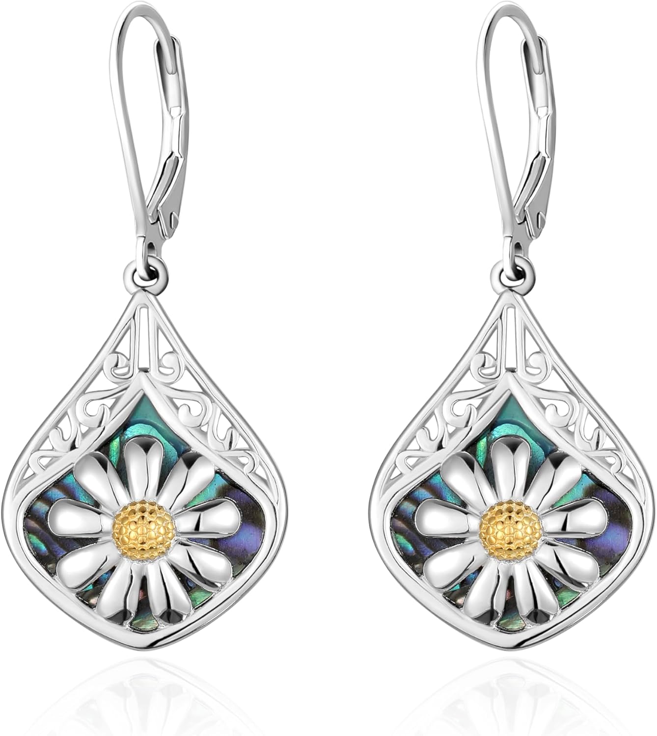 Sterling Silver Abalone Shell Filigree Dangle Drop Earrings Bohemia Jewelry Gift for Women Mother Mom