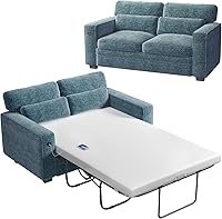 Marsail Pull Out Sofa Bed Full Size Sleeper with Memory Foam Mattress, 600lbs Support, 2 USB Ports, Removable Chenille Covers - Blue Loveseat