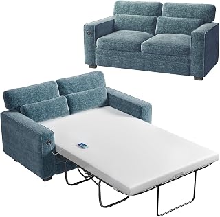 Marsail Pull Out Sofa Bed Full Size Sleeper with Memory Foam Mattress, 600lbs Support, 2 USB Ports, Removable Chenille Covers - Blue Loveseat