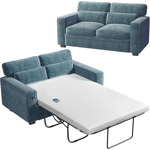Marsail Pull Out Sofa Bed, Full Size Sleeper Sofa with Memory Foam Mattress, 2 USB Charging and Removable Covers, Loveseat for Living Room, Apartment, Supports 600 LBS, Chenille Fabric, Blue