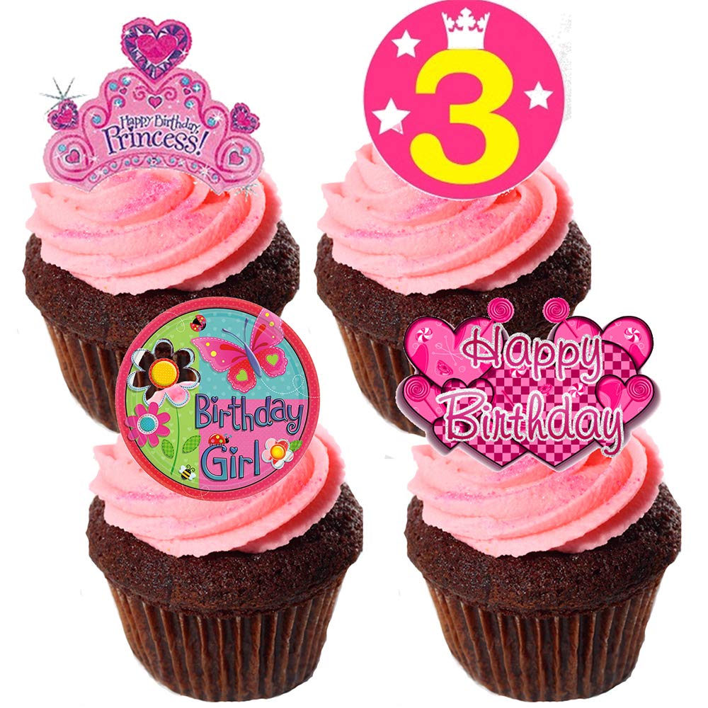 Made4you Girls Pink 3Rd Birthday Edible Cake Decorations, - Stand-Up Wafer Cupcake Toppers (Pack Of 24)