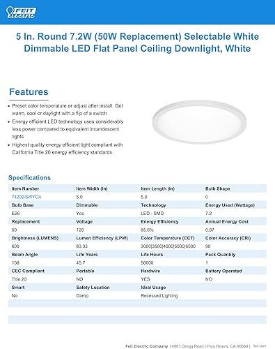 Miniatura 5 de Feit Electric LED Ceiling Downlight, Dimmable Flat Panel Ceiling Light with Color Selection (5CCT), TP24 Adapter Included