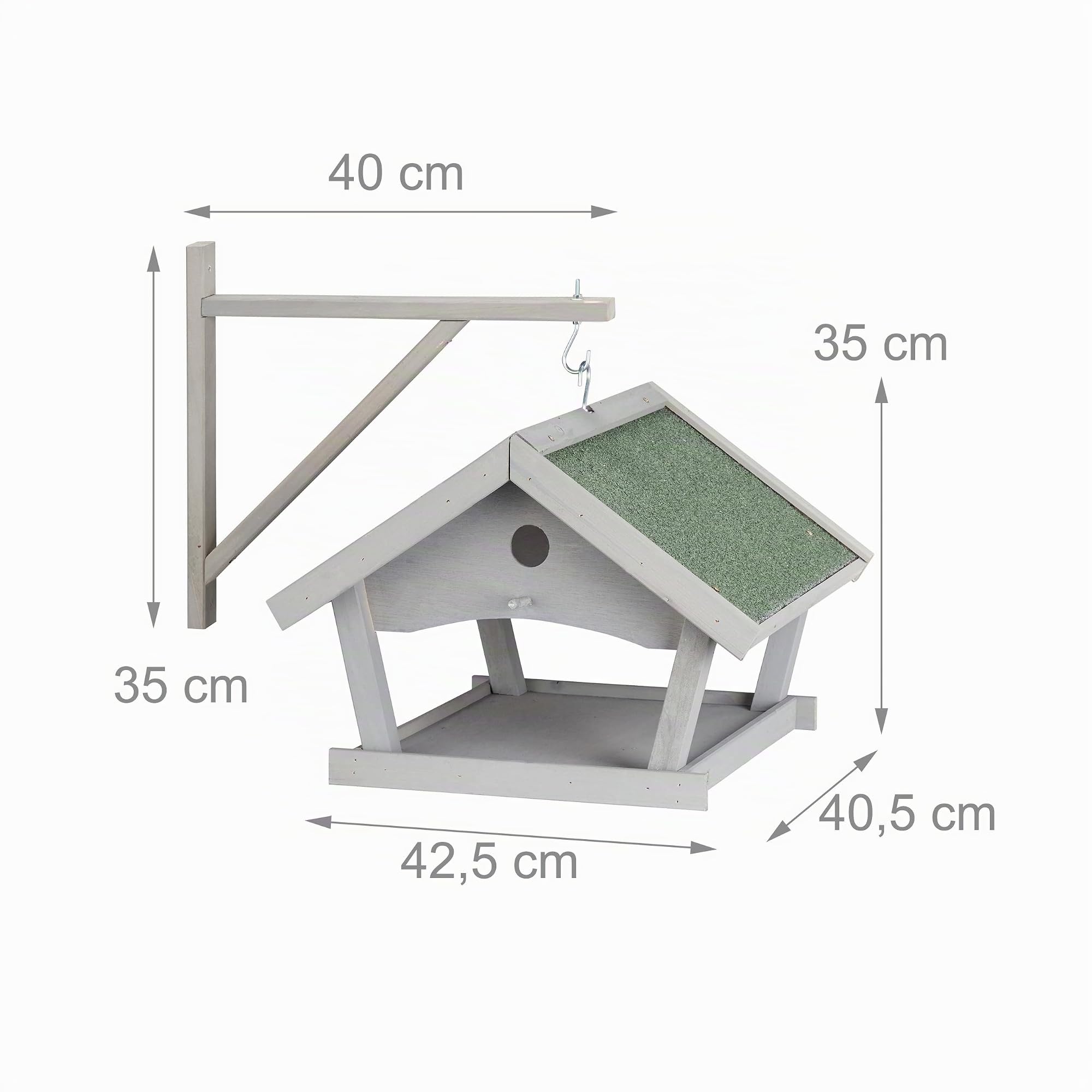 Relaxdays Casetta per Uccellini, Mangiatoia in Legno, Outdoor, Decorazione da Giardino, HLP: 35 x 42,5 x 40,5 cm, Grigia