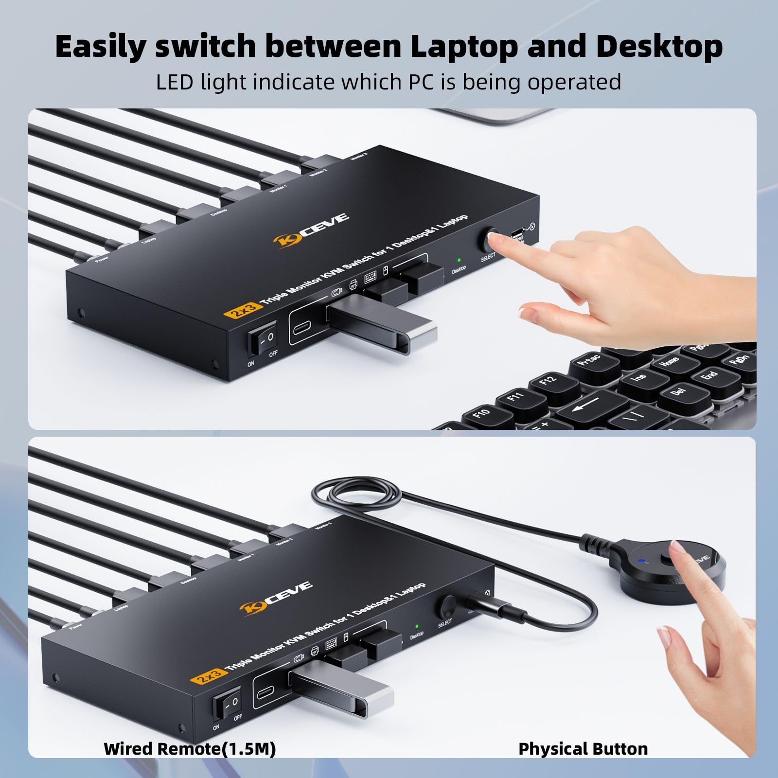 Conmutador KVM 4K@60Hz USB C DP 1 PC 1 Laptop Comparte 3 Monitores y 4 Puertos USB 3.0, PD 100 W para Laptop, Conmutador KVM de Acoplamiento USB-C con Fuente de Alimentación, Control Remoto por Cable