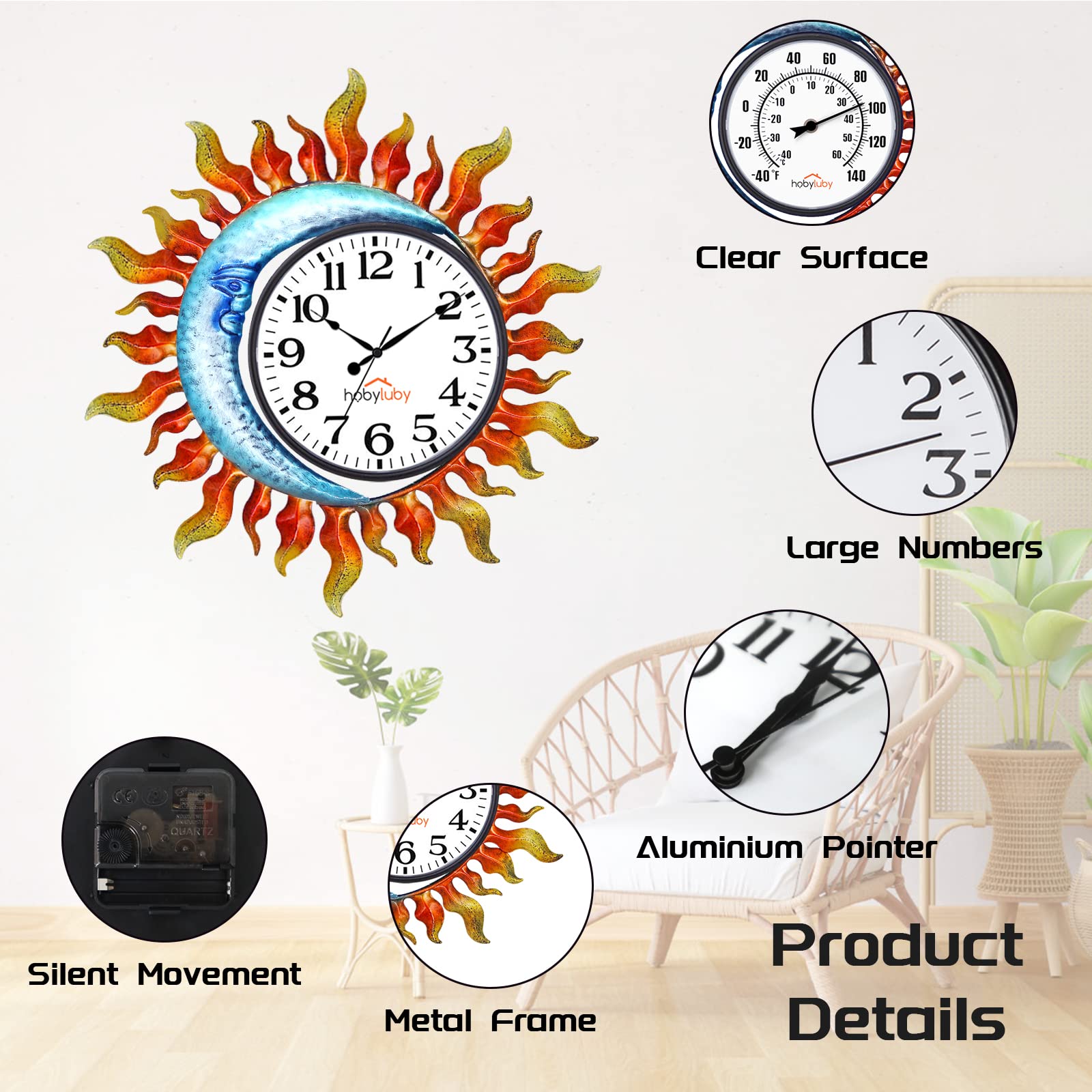 Reloj para exteriores, reloj de pared para exteriores, silencioso, sin tictac, para patio, sala de estar, decoración del hogar