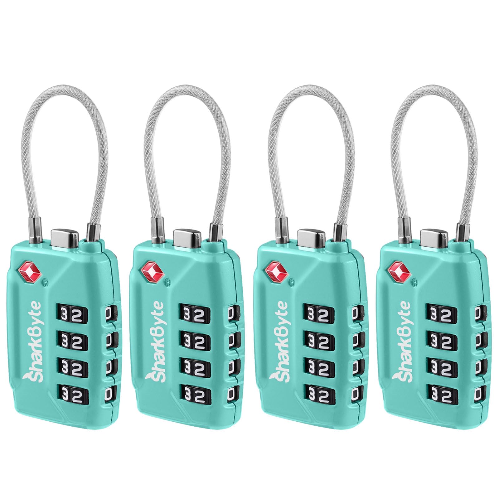 SharkByte TSA Approved Suitcase Locks - 4-Dial Security Travel Combination Padlock, Flexible Cable Wire Travel Lock for Suitcases, Luggage locks, Case Travel Bag Gym Locker Code Small PadLock (4 Pack)