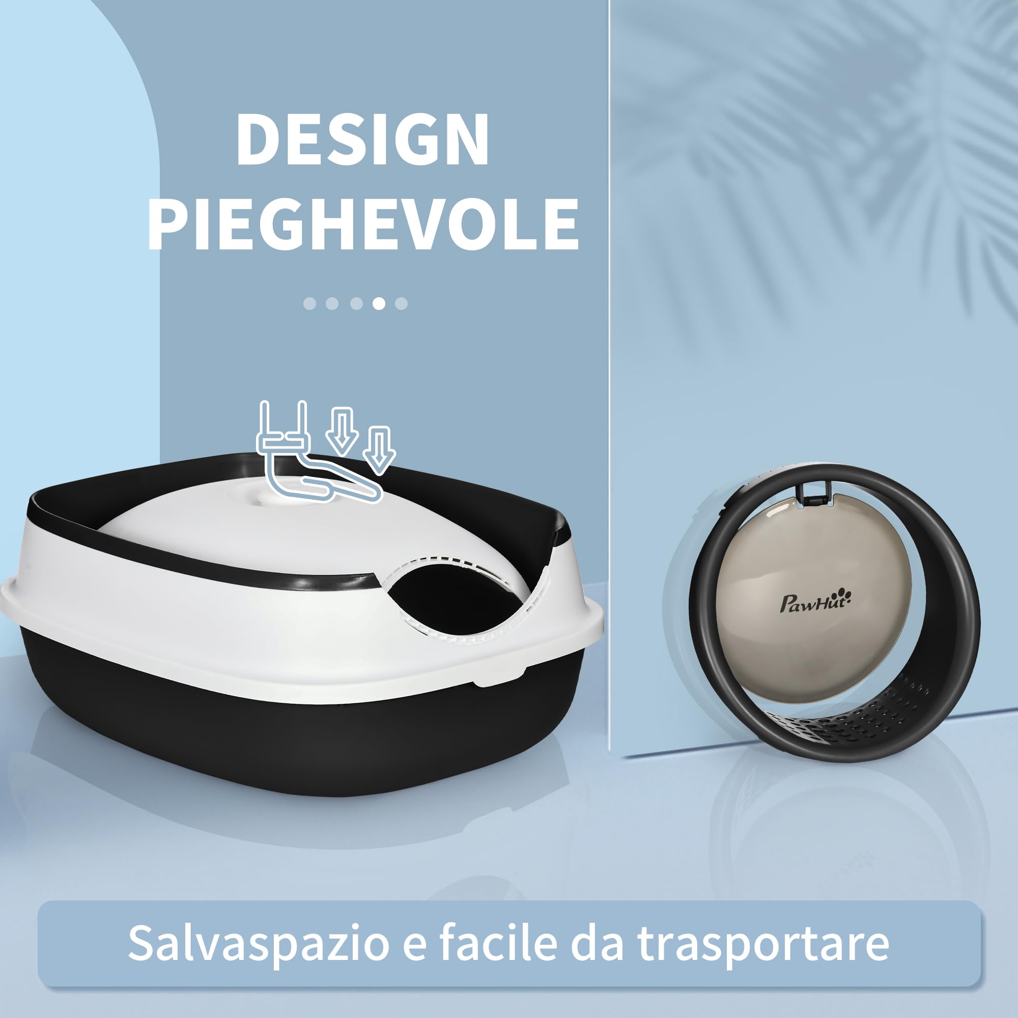 PawHut Lettiera per Gatti con Coperchio, Paletta e Deodorante Inclusi, Lettiera Chiusa con Design Pieghevole e Maniglia, in PP e ABS, 52x41x38 cm, Bianca e Nera