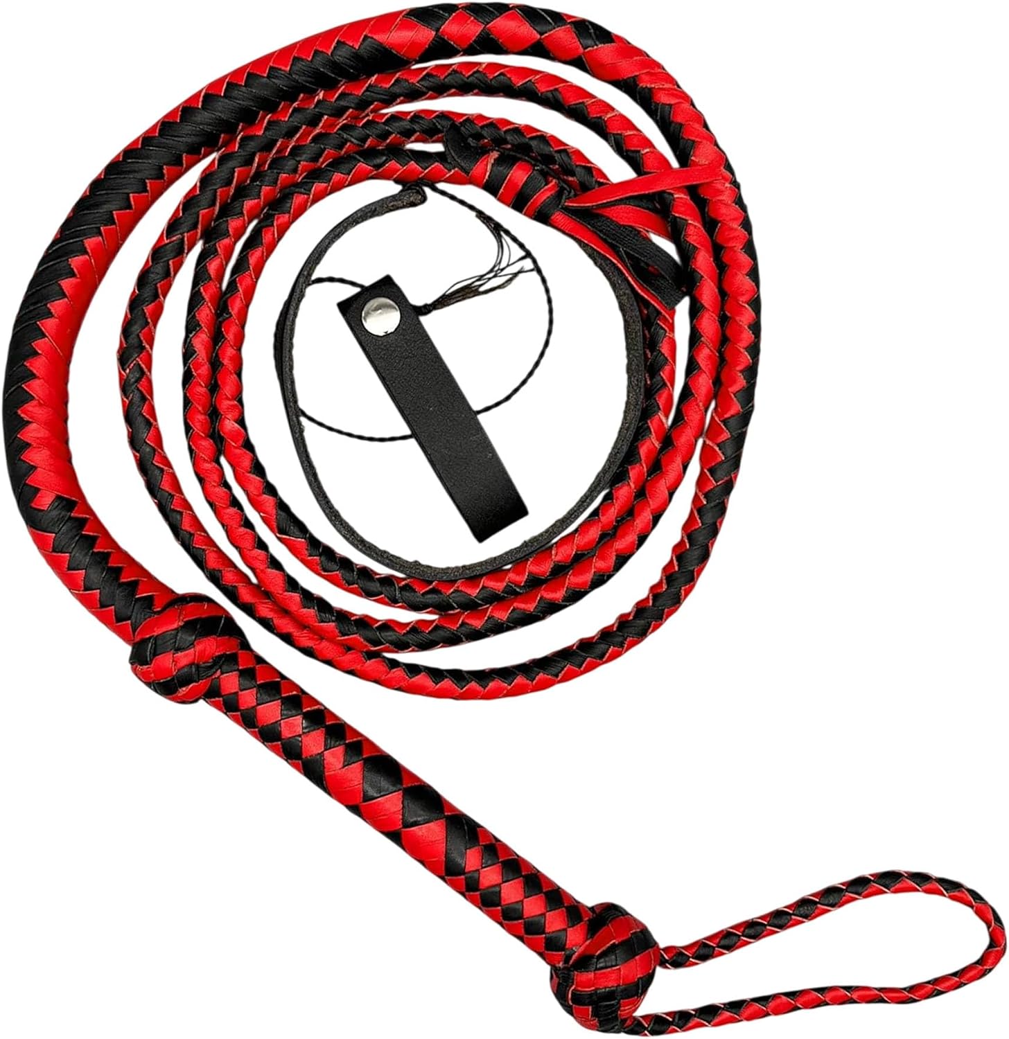 Braided Leather Bull Whip, Black and Red, Long Handle, Cowhide Leather