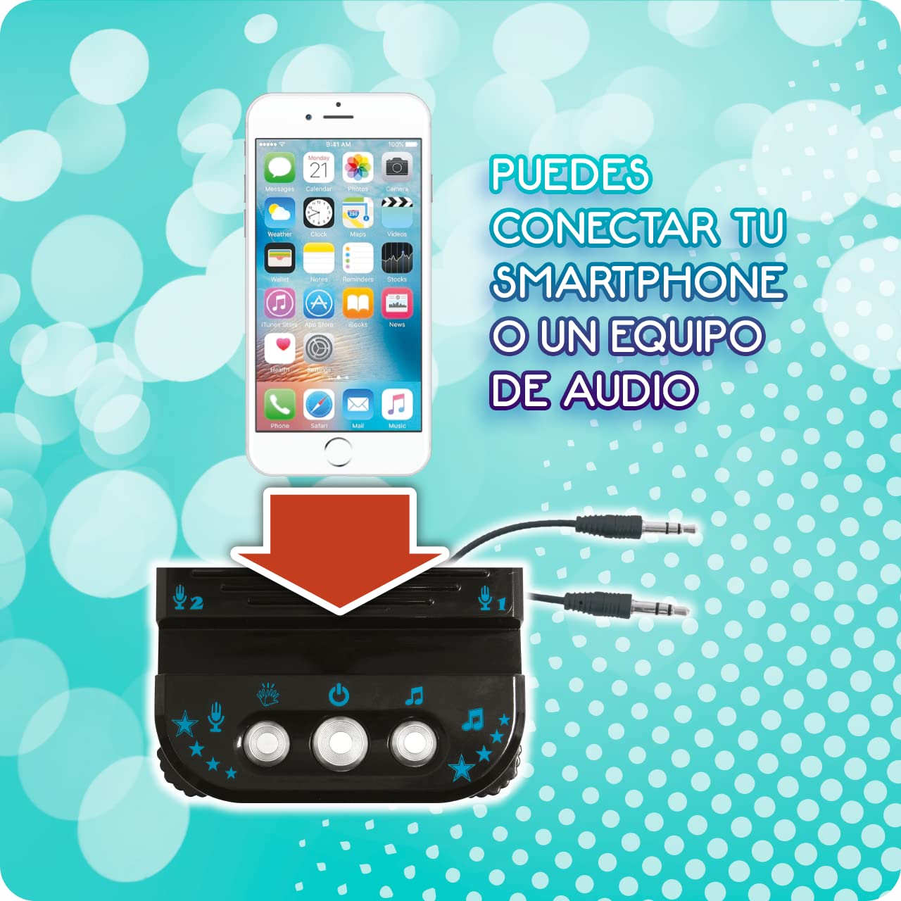 DEQUBE-Micrófono Karaoke de pie con Altura Ajustable-Incluye Bola de Luces Disco y Auricular-Conexión a Distintos Dispositivos Sonido -Tamaño 65-100cm (916D00037) negro