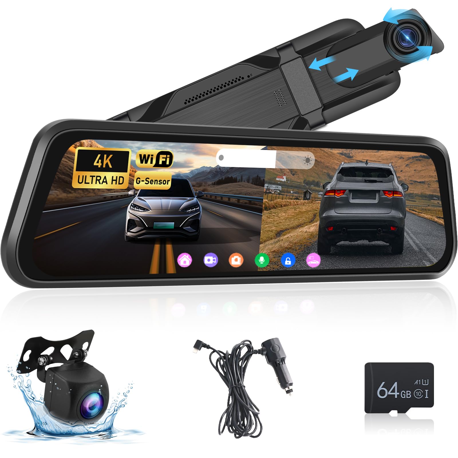 JOMISE Telecamera Anteriore E Posteriore 4K Per Specchietto - 11" Touch, GPS, Scheda 32GB Inclusa - 2