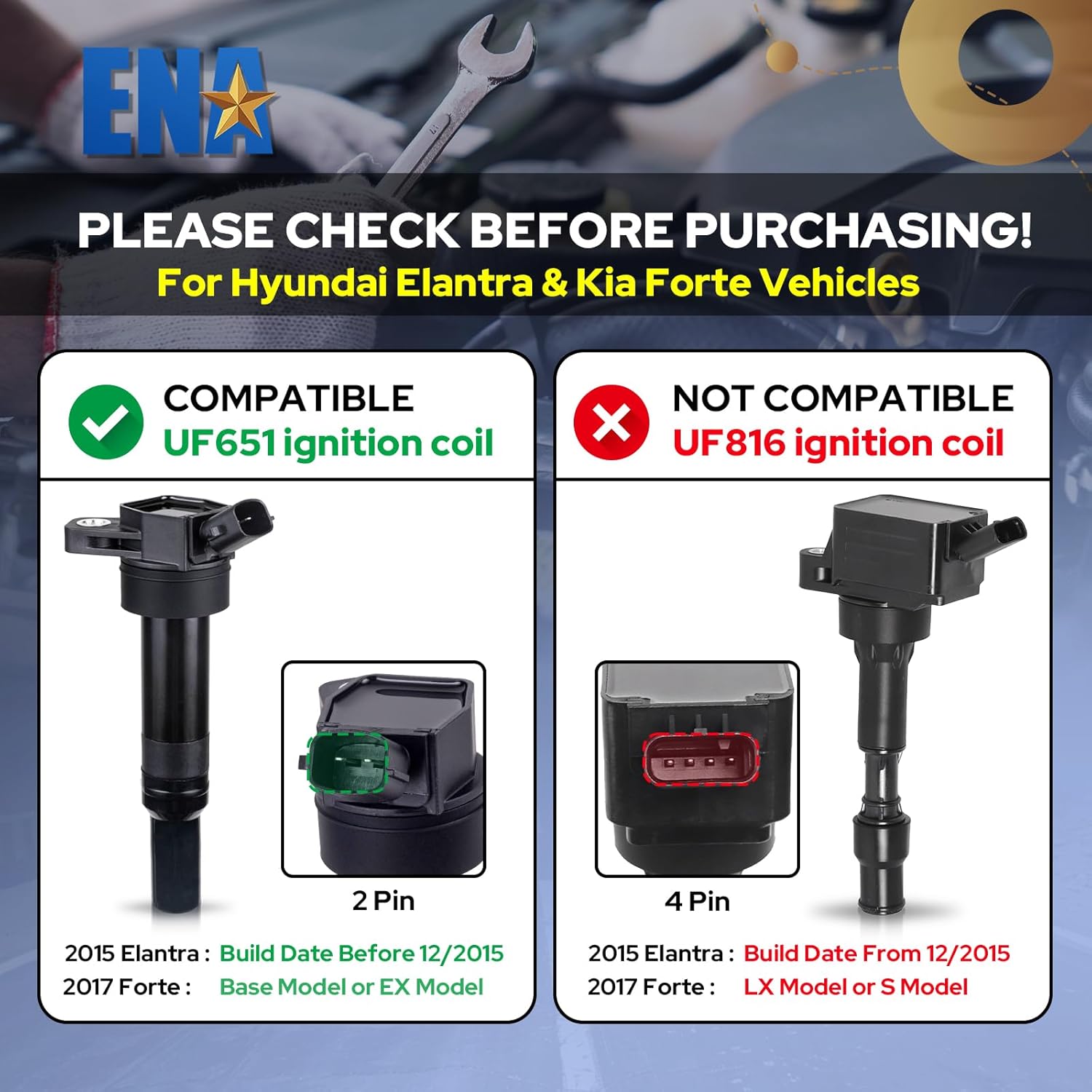 ENA Set of 4 Ignition Coil Pack 1.8L 2.0L L4 Compatible with Hyundai Kia Soul Forte Elantra Tucson 2011 2012 2013 2015 2016 Elantra GT 2017 2018 Coils for UF651 C1804 273002E000 1788511 GN10633 5C1861