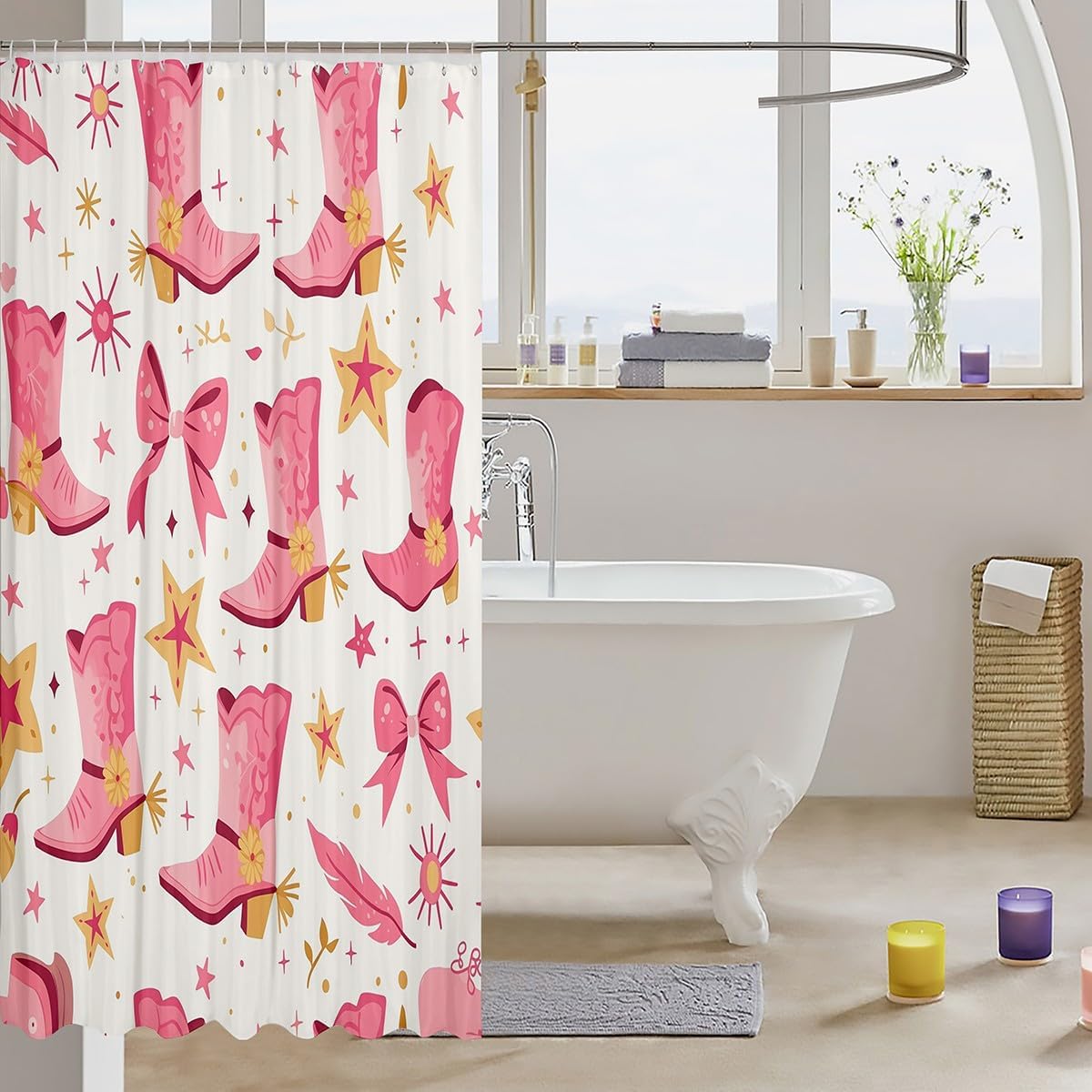 Feelyou Boys Girls Western Cowgirl Bathroom Shower Curtain Set Pink Bowknot Bath Curtain Dreamy Princess Shower Curtain Kids Watercolor Bow Teens Bathroom Accessories Room Decor 72"x78" image 3