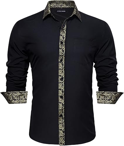 Barry.Wang Camisas casuales para hombre, camisa de vestir clásica con botones, contraste interior formal, manga larga, impresa, ajuste regular