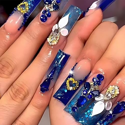 Miniatura 34 de Uñas Postizas Cuadradas Largas a Presión - TUZADNW Uñas Postizas Extra Largas a Presión con Diseño de Diamantes de Imitación, Uñas Acrílicas de 3D