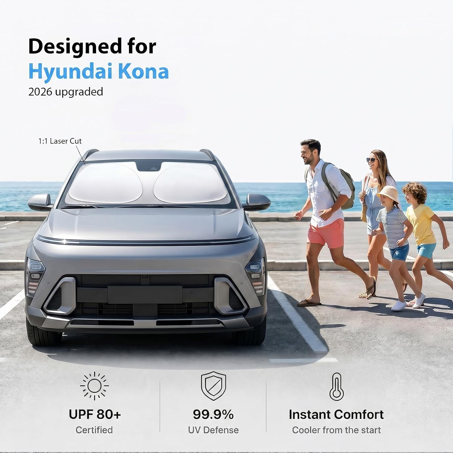 2026 Windshield Sun Shade for Hyundai Kona [100% Custom Fit & Cooling Tech Fabric] Superior UV & Heat Block, Foldable Sun Visor with Storage Bag – Protects Interior, Fits 2018-2026