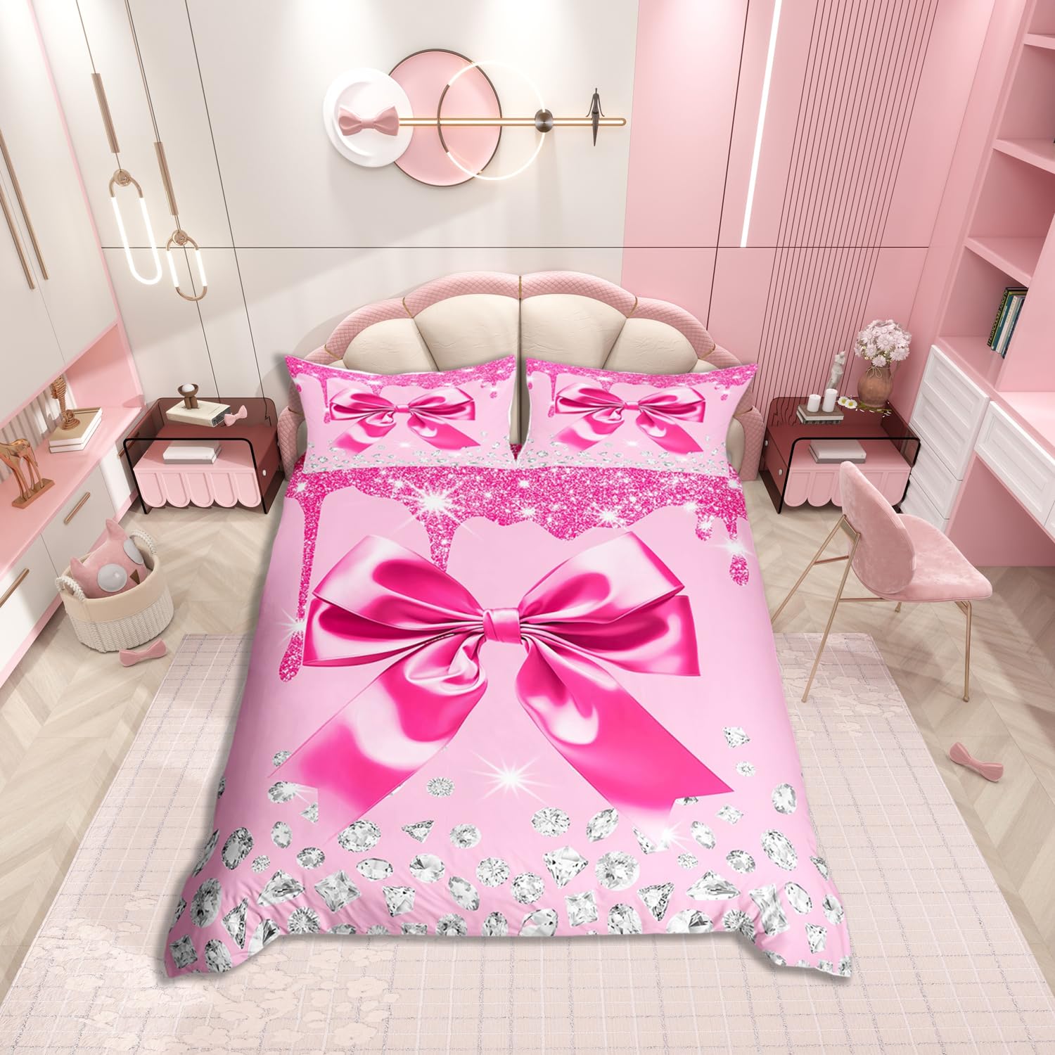 Watercolor Bow Bedding Set Single Size Kids Cute Bowknot Comforter Cover for Boys Girls Teens Coquette Bows Duvet Cover Breathable Soft Lightweight Dreamy Princess Style Room Decor Rose Pink Silver