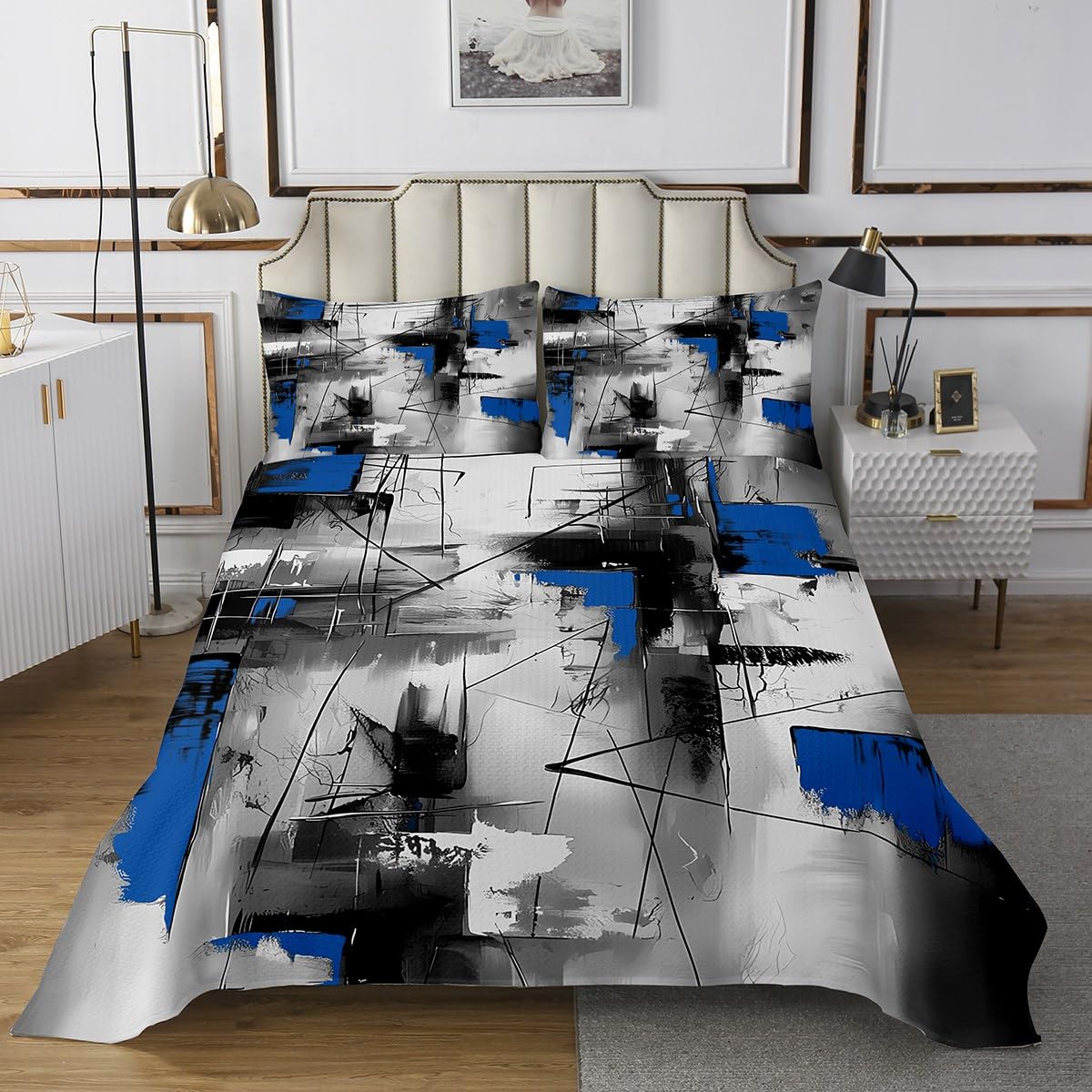 jejeloiu Blue Abstract Bedspread Twin Size Kids, Geometric Geometry Coverlet Set for Boys Girls, Modern Art Quilted Coverlet Microfiber