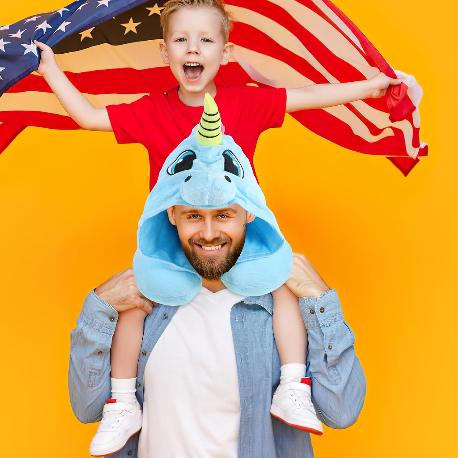 Unicorn Hooded U-Shape Neck Pillow Plush Travel Pillow with Hood for Airplane Outdoor Office Napping, Blue Soft Plush Neck Support Cushion and Adults
