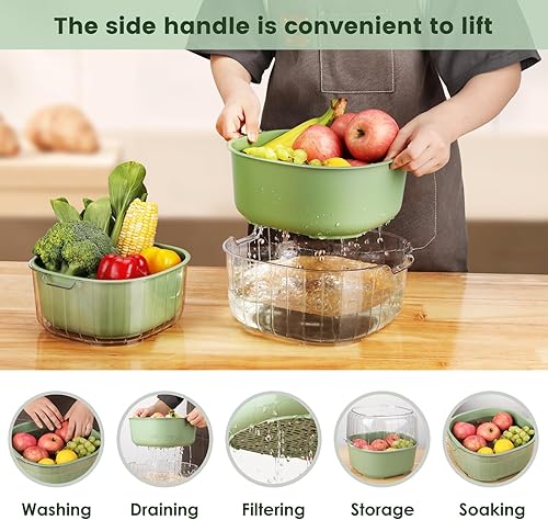 Miniatura 5 de Coladores y coladores grandes de 8.2 cuartos de galón, 3 juegos de coladores de plástico 2 en 1 de doble capa para cocina, cesta de lavado de frutas