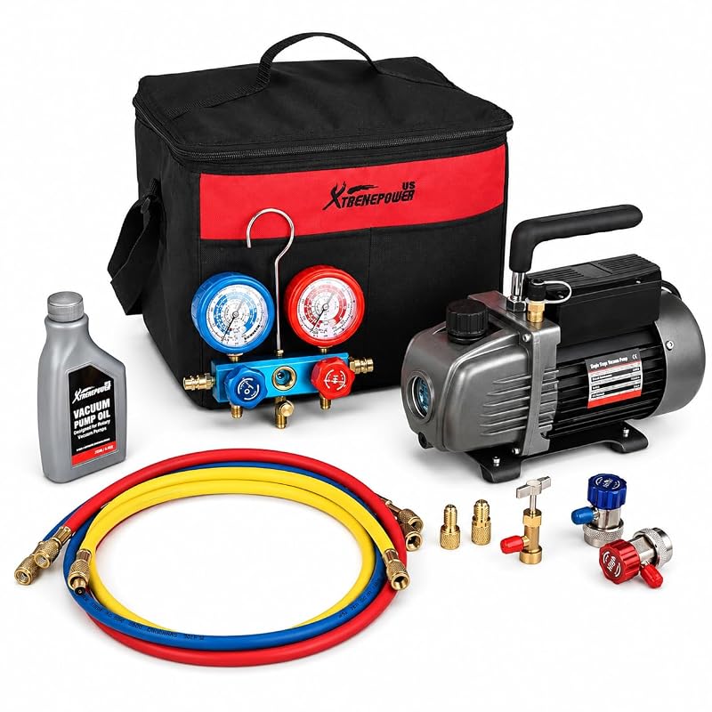 Kit manifold para ar-condicionado HVAC com bomba de vácuo 4,5 CFM, 3 mangueiras e adaptador R134a XtremepowerUS