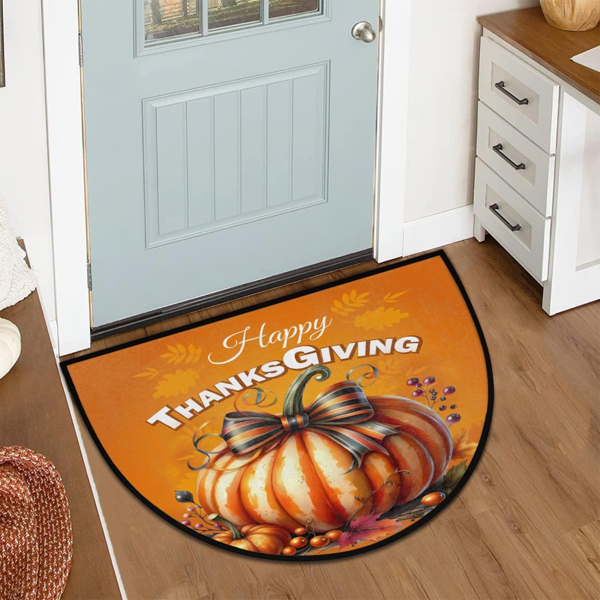 Half Round Door Mat Orange Pumpkin Holidays Non-Slip Soft Semi Circle Rug Washable Half Moon Welcome Entrance Doormat for Outdoor Indoor Floor Bedroom Bathroom Home Kitchen Festival Decor Gift