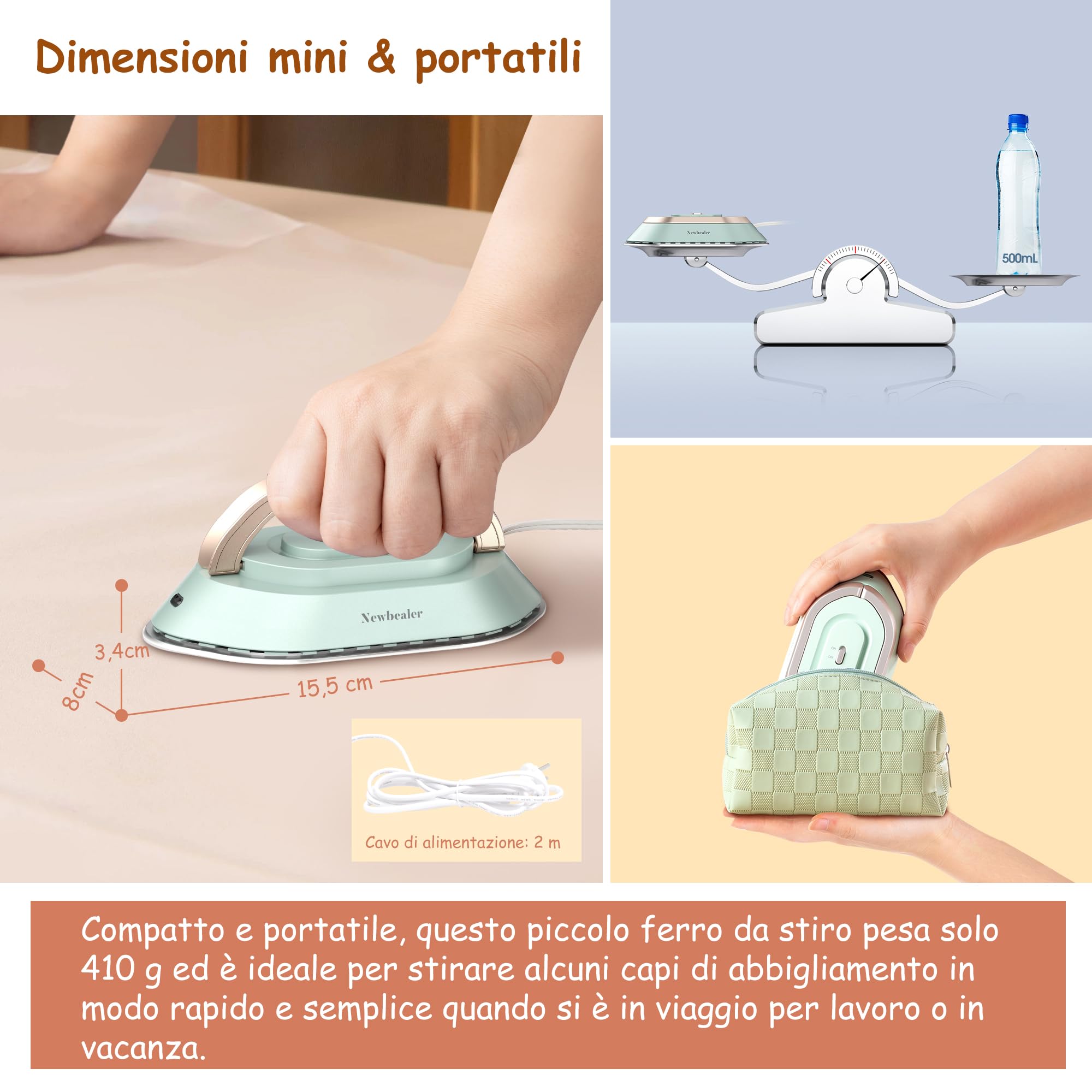 Newbealer Ferro da Stiro da Viaggio, Ferro da Viaggio Mini Portatile Leggera Compatto senza Vapore, Stirare i Vestiti, Tensione Universale 100-240V, Verde