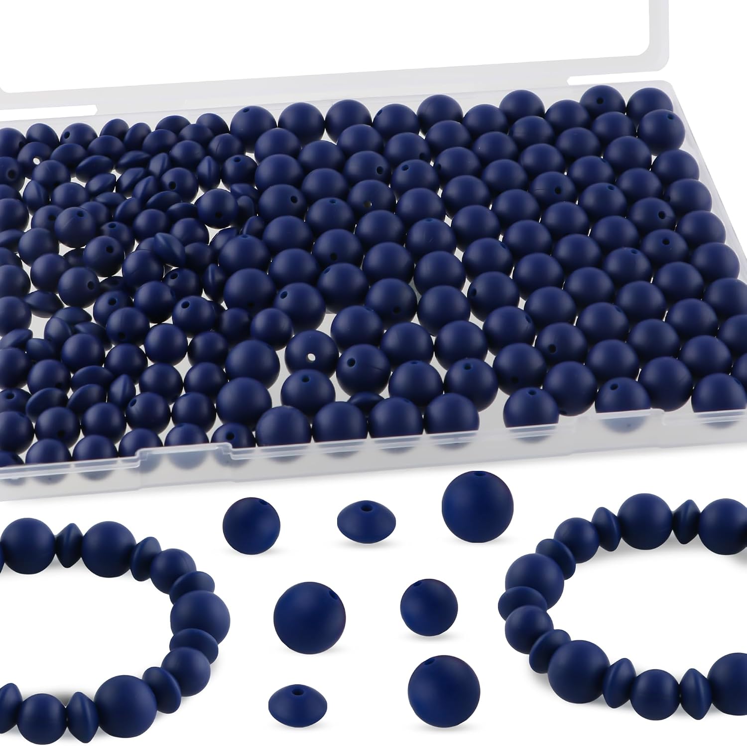 200Pcs Mixed 12mm 15mm Silicone Beads for Keychain Making, 12mm Lentil Silicone Beads for Pens Bracelet Necklace DIY Crafts(Navy Blue)