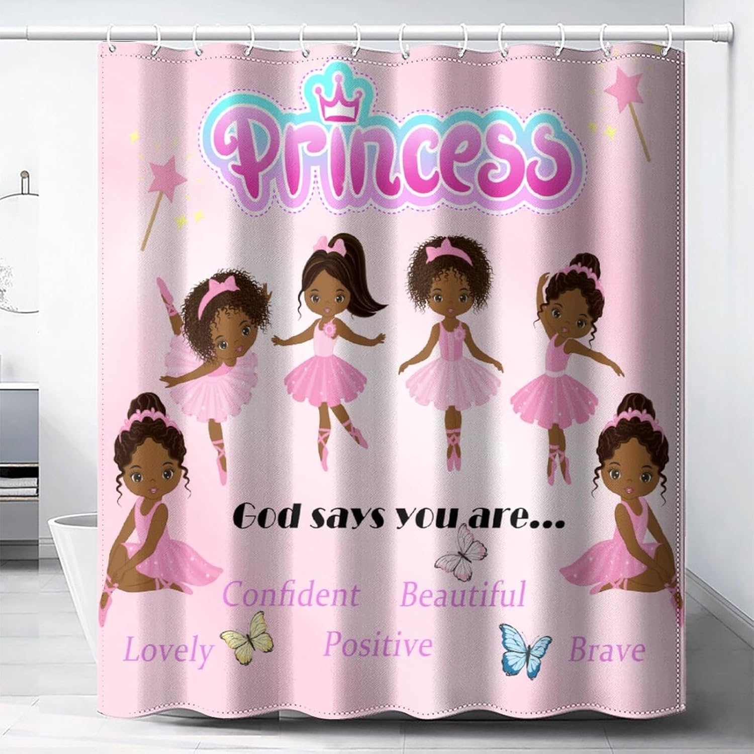 Ballerina Princess Pink Shower Curtain,Cute Cartoon Black Girls Print Shower Curtain for Bathroom Decor Fabric Waterproof Upholstery Hook 66x72 Inches
