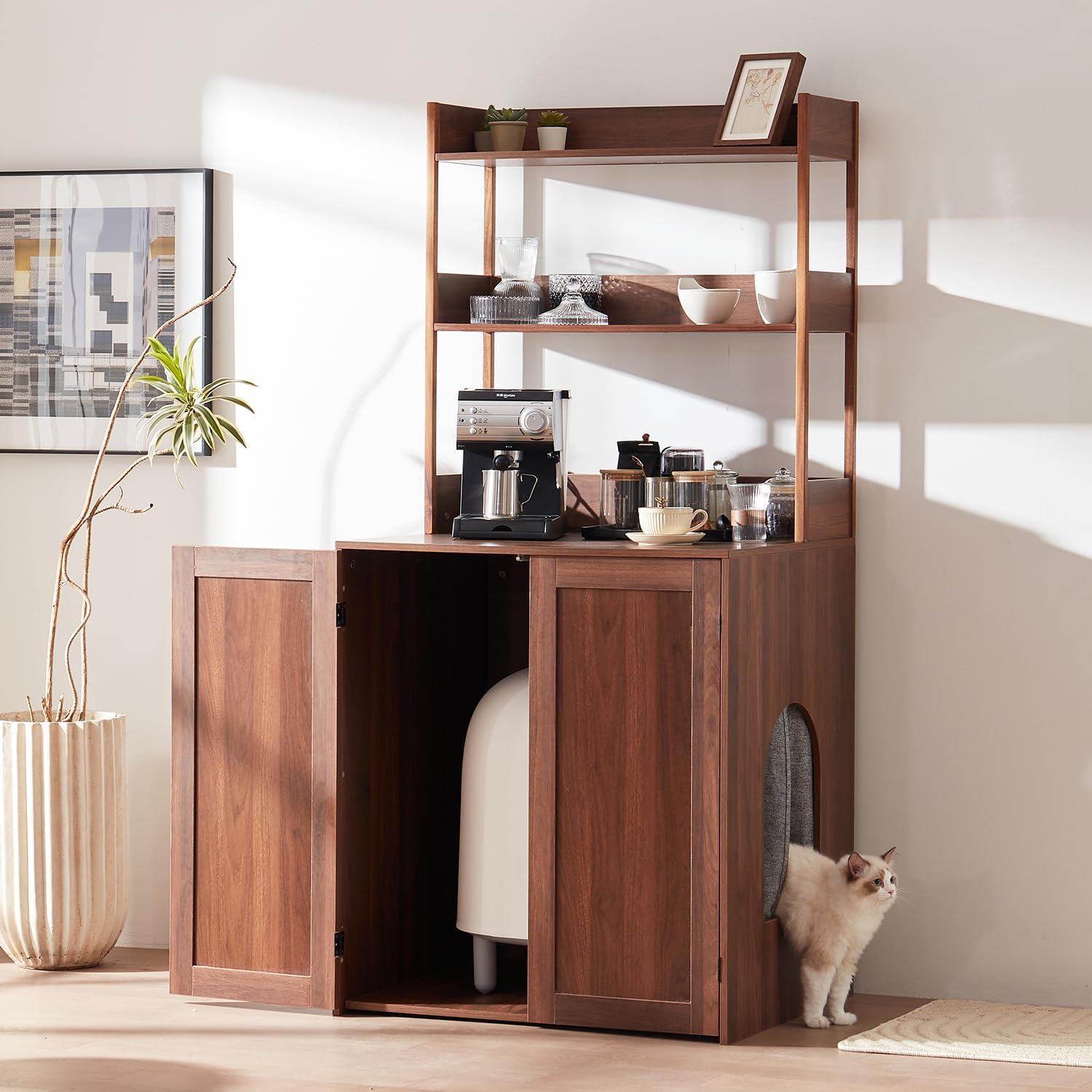 GEOOROOD Litter Box Enclosure with Shelves,Automatic Litter Box Enclosure,Wooden