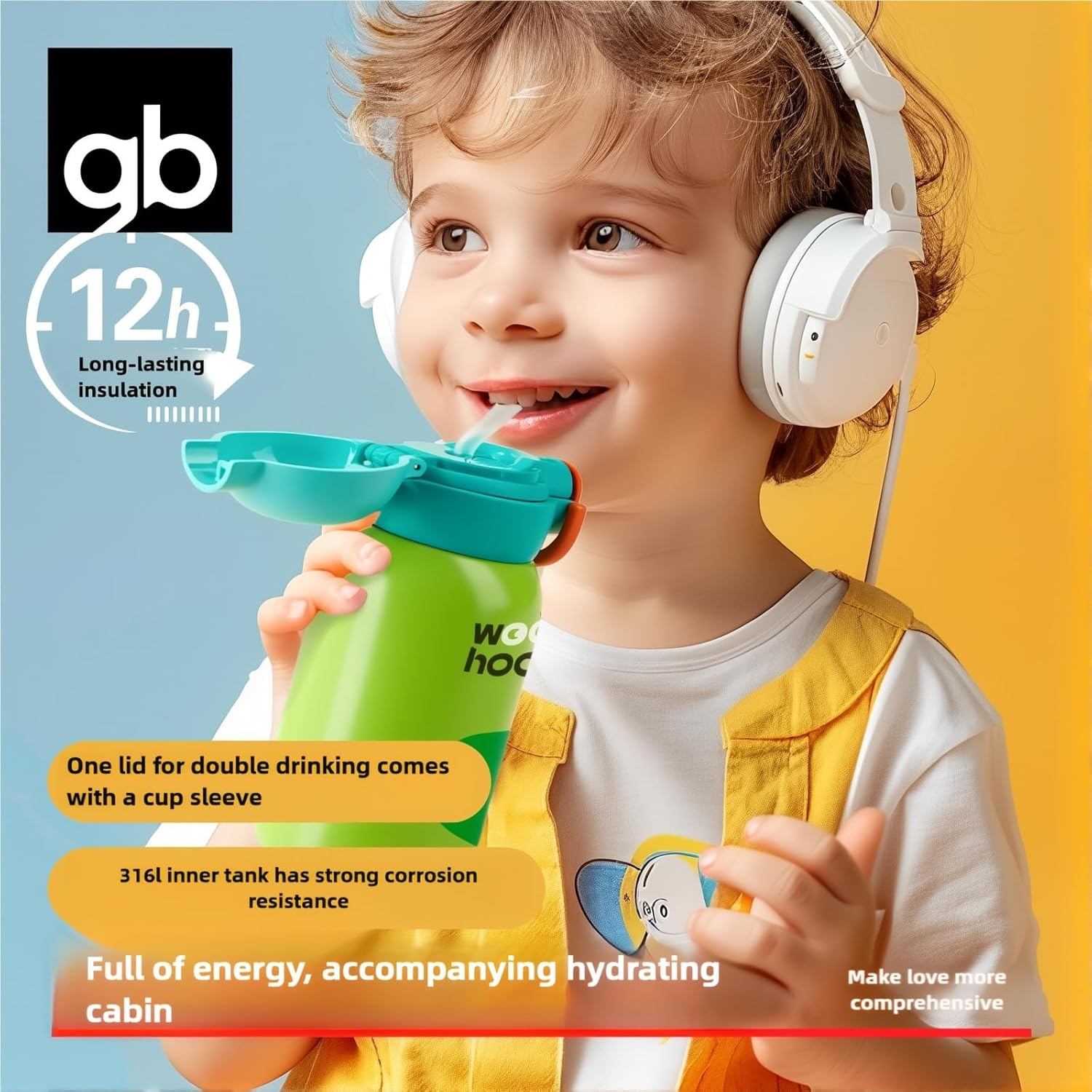 gb Insulated Water Bottle for Kids with Straw, Direct Drink Spout, BPA-Free, SUS316 Stainless Steel, 12-Hour Temperature Retention, Leak-Proof, Adjustable Oxford Strap, Green - Image 3