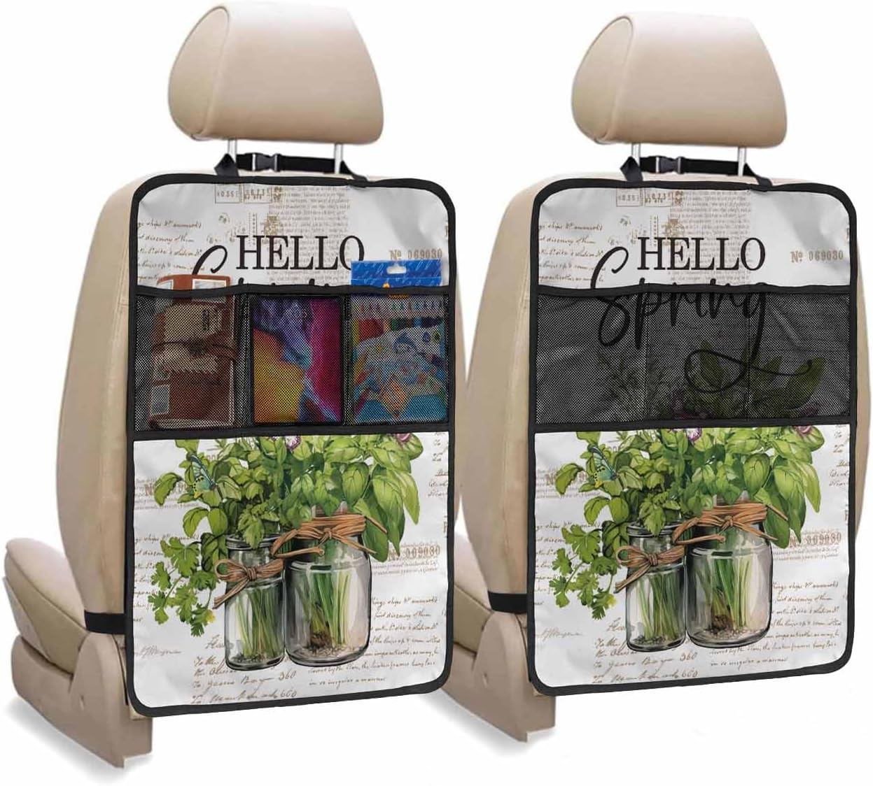 Car Seat Protector, 2 Pack Kick Mats Back Seat Protector Spring Watercolor Vanilla Butterfly Vintage Newspaper Waterproof Backseat Cover for Kids Universal Fit Automotive Interior Protectors