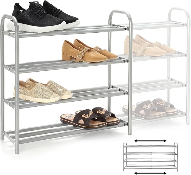 GUANJUNE 4 Tier Extendable Shoe Rack Organiser,Heavy Duty Metal Shelf Organise Holds upto 20 Pairs Shoes,Space Saver Rack for Wardrobe