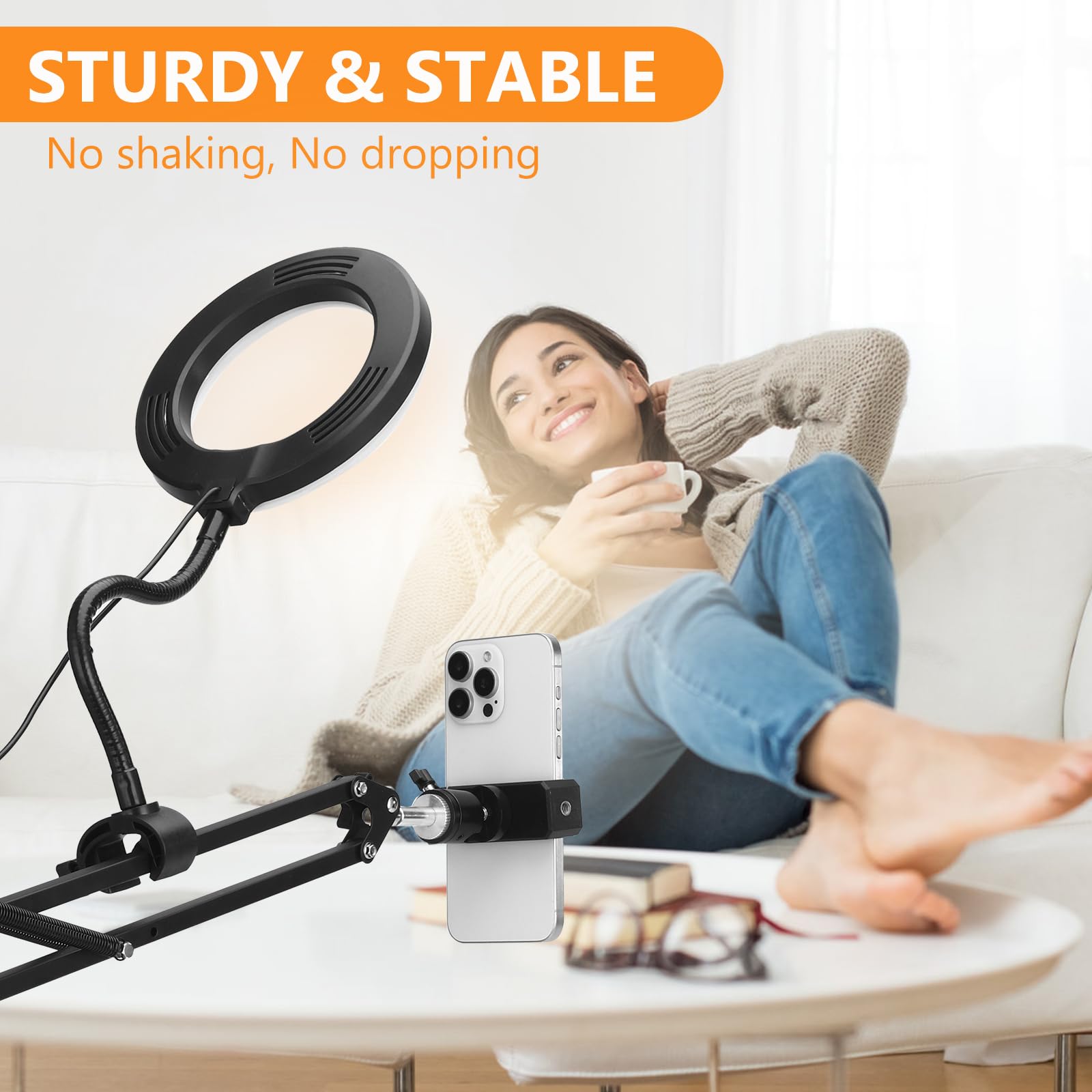 Trépied pour téléphone, support de téléphone articulé flexible pour filmer, anneau lumineux LED avec support de téléphone portable, trépied de bureau pour YouTube, diffusion en direct, enregistrement