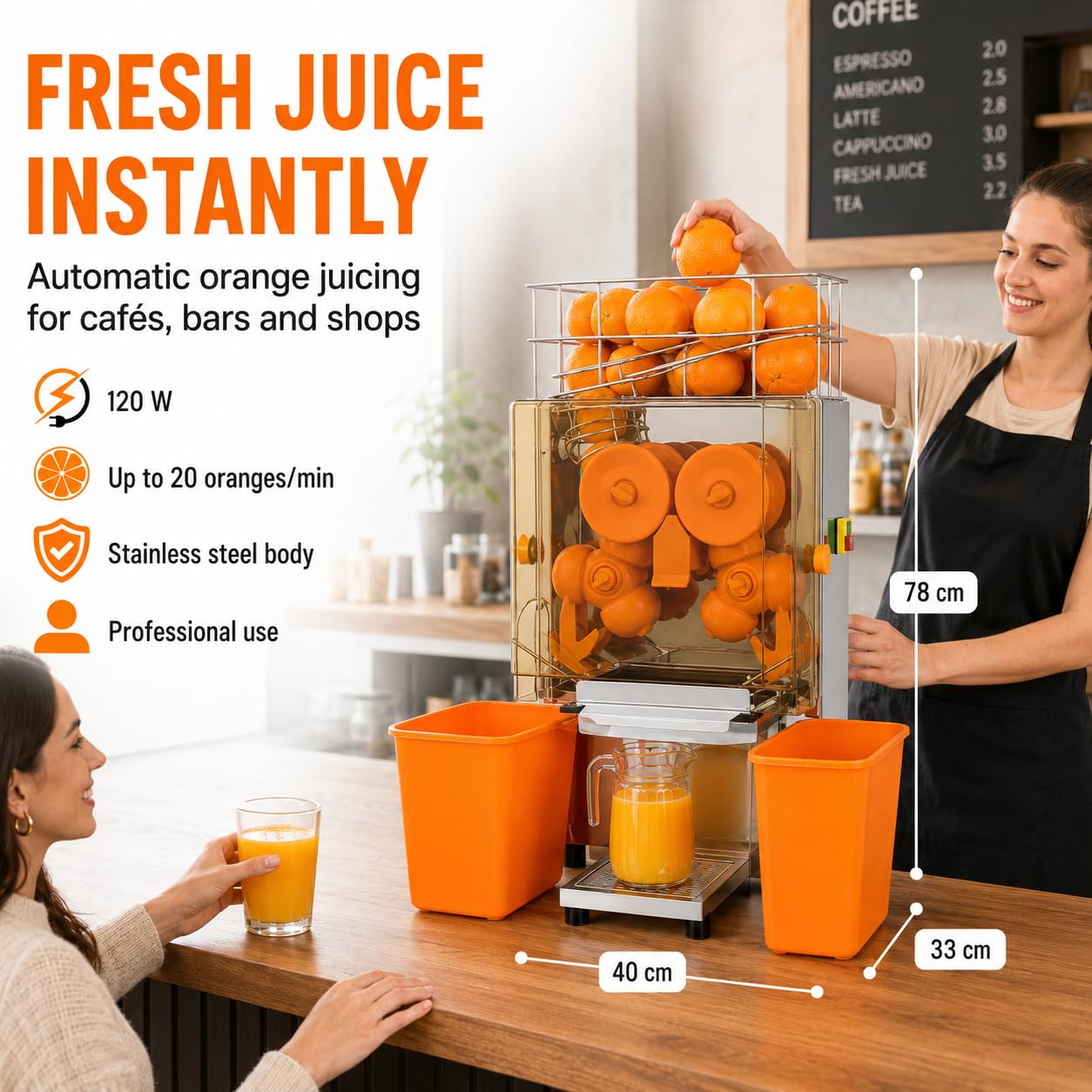 MAGIC SELECT Exprimidor de Naranjas Automático Profesional Hostelería | Máquina de Zumo Industrial, 120W, 20 Naranjas/min, Acero Inoxidable y Doble Cubo, Para Bar y Restaurante