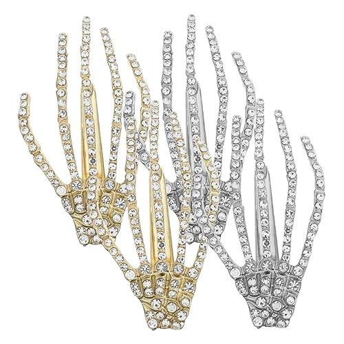 Minkissy 4 pinzas de esqueleto de aleación con diamantes de imitación, pinza de pelo brillante a mano, horquilla zombi punk, horror Bobby Garra,