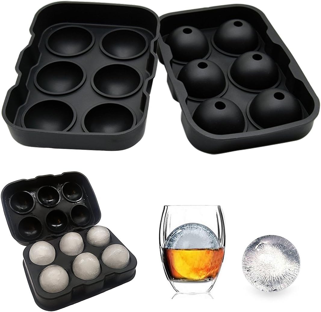 Ice Cube Tray Mold - Black Silicone Ice Ball Maker With 6 X 4.5cm Round Ice Ball Spheres for Whiskey, Cocktails & Bourbon