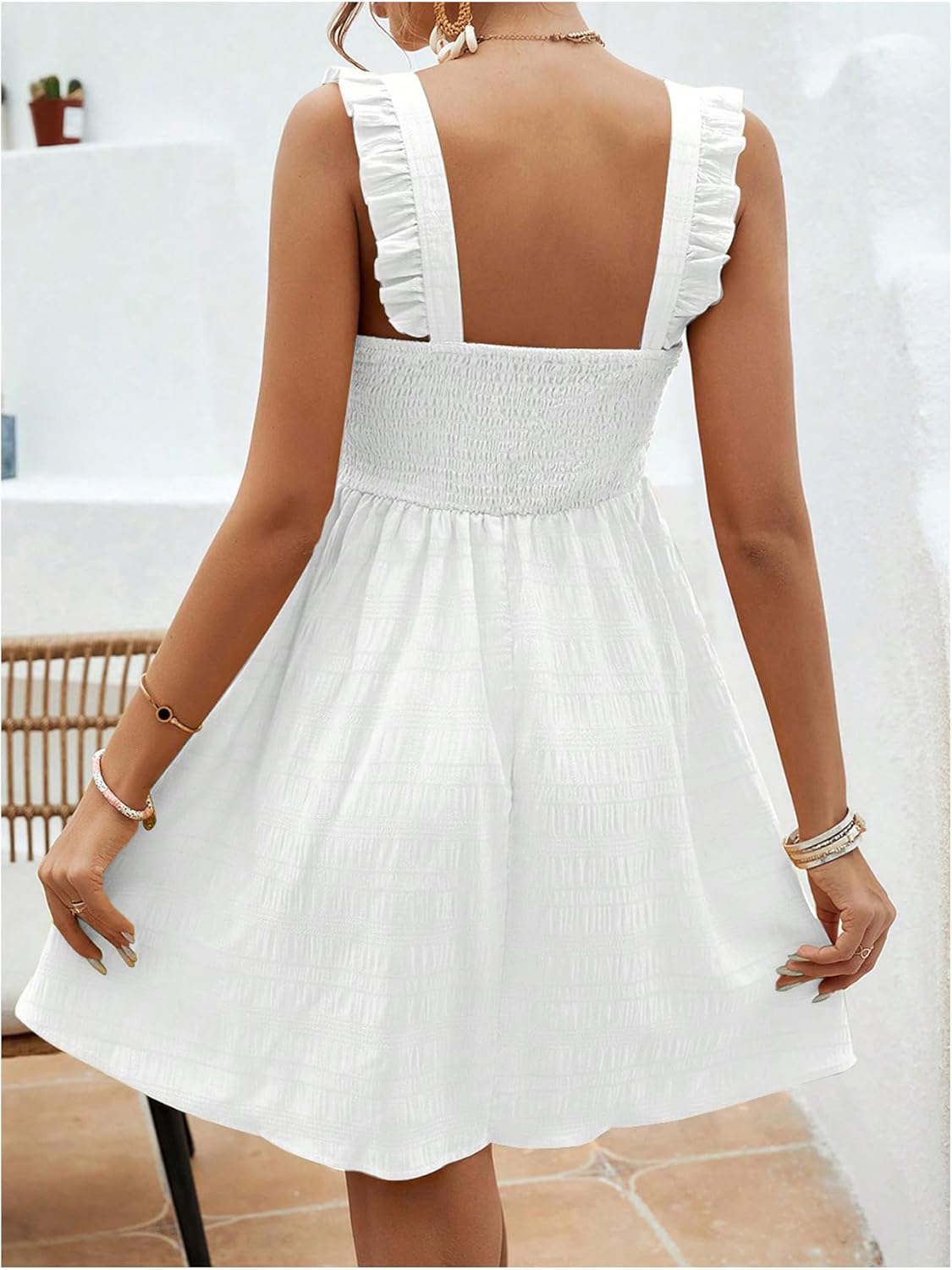 SweatyRocks Women's Ruffle A Line Short Dress Sleeveless Smocked Textured Vacation Flowy Dresses - Image 2