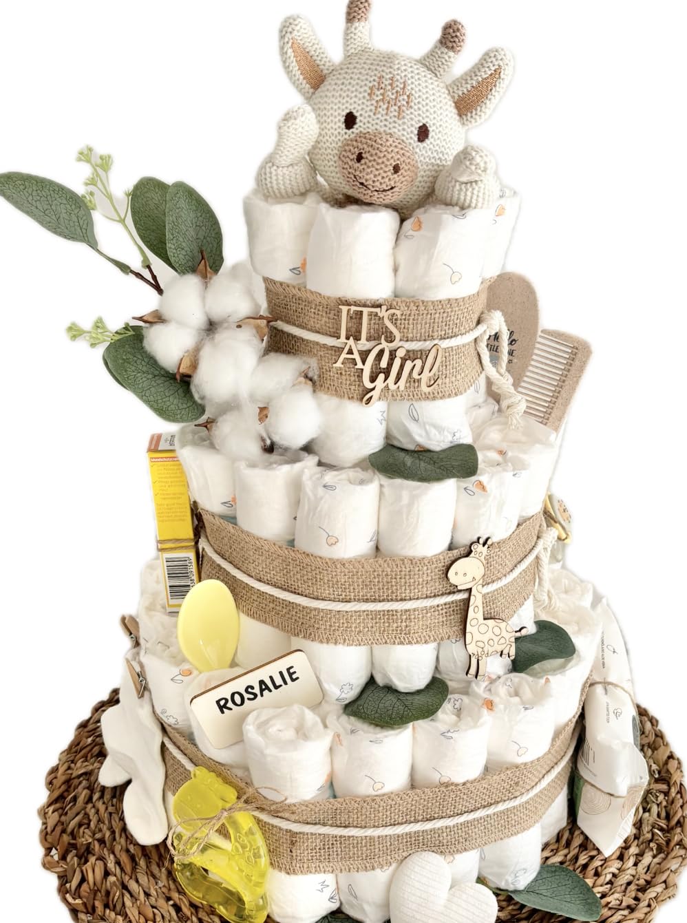 Windeltorte XXL mit Giraffe Socken Schnuller Löffel und mehr, für Jungen & Mädchen, Babytorte für Babyparty Babyshower Gender-Reveal, Namen personalisierbar, Baby Party Deko Dekoration Geburt