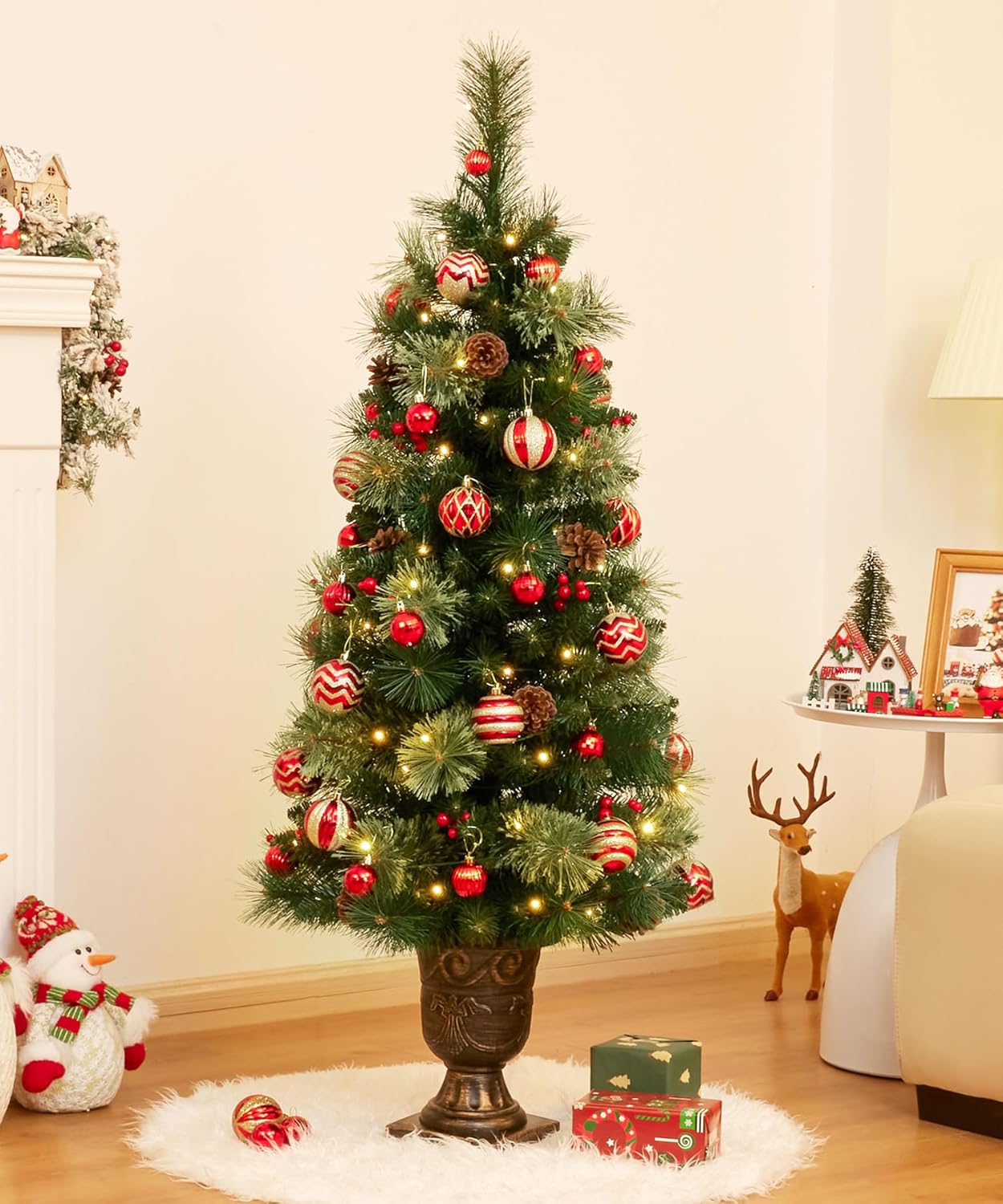 Decoway 4ft Christmas Tree Pre-lit Artificial Trees for Entrances with Gold Pot Base, Flocked Snow 70 Warm White Led Lights, for Entrance, Home Decorations Holiday Decor - Image 3