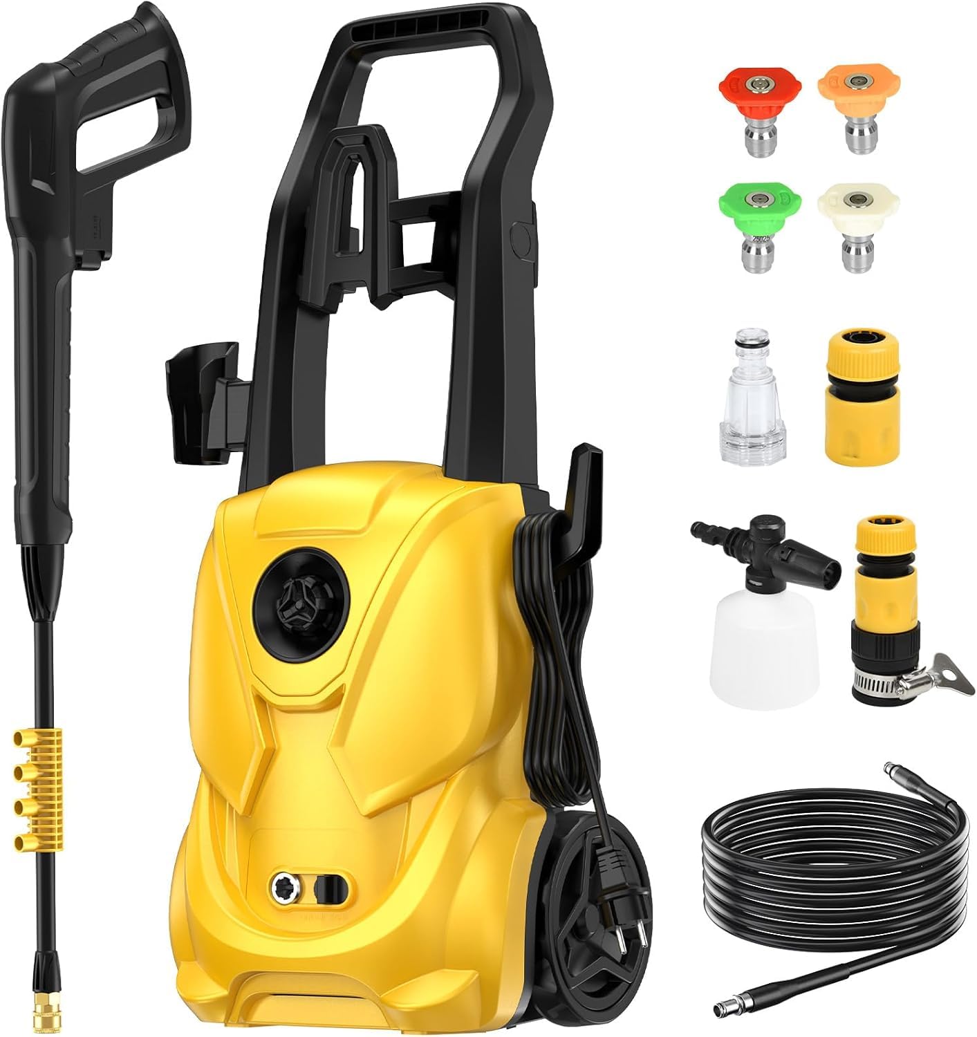 Hidrolimpiadora de Alta Presión, 2000W 180Bar Hidrolimpiadora Eléctrica con 5 Boquillas y Espumador, Caudal: 680 L/H, Hidrolimpiadora Portátil para Limpieza de Coche, Patio, Jardín y Piscina